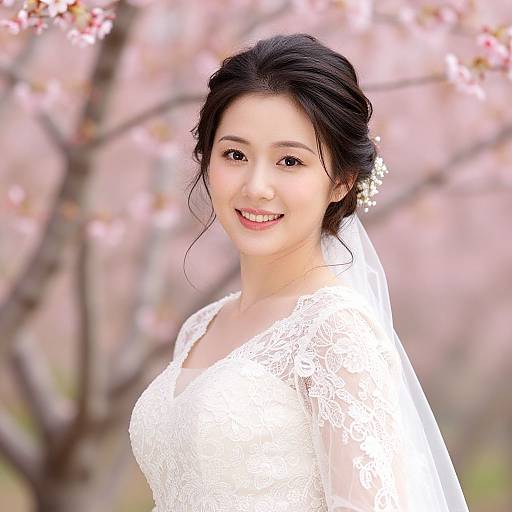 Photograph of a smiling Asian woman with dark hair in an updo, wearing a white lace wedding dress and veil, standing in front of a blurred