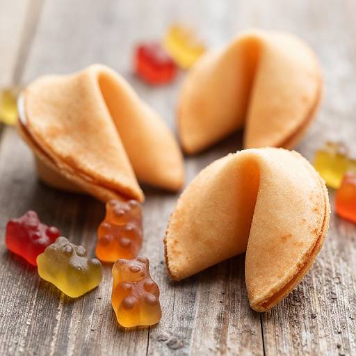 Fortune Cookies with Gummy Bears on Wooden Table