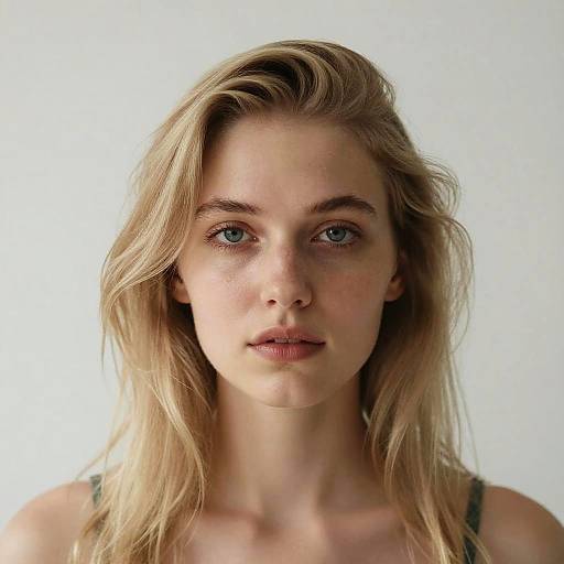 Photograph of a young blonde woman with blue eyes, fair skin, and slightly messy hair, wearing a green tank top, against a plain white background