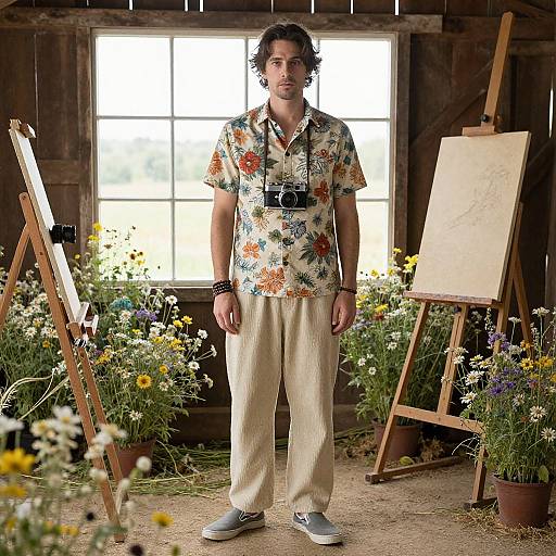 Photograph of a man with curly hair, wearing a floral shirt, beige pants, and grey shoes, standing in a wooden room with two easels
