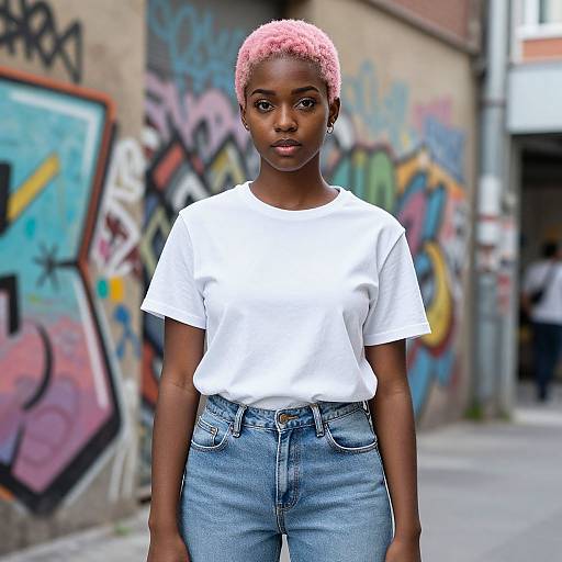 Photograph of a young Black woman with short pink hair, wearing a white t-shirt and high-waisted blue jeans, standing in front of colorful