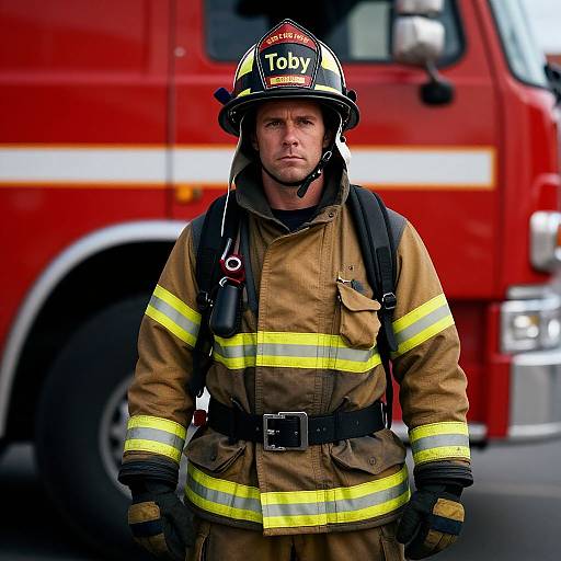 Heroic Firefighter Portrait with Fire Truck