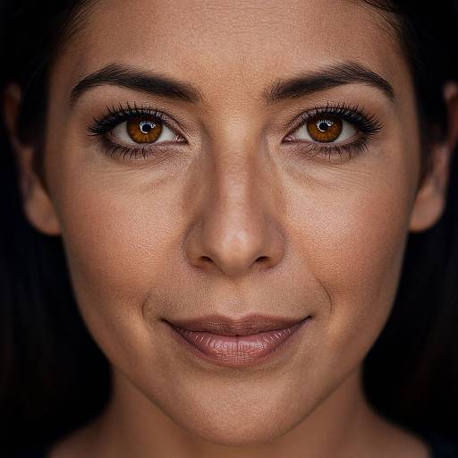 Close-up photograph of a smiling woman with brown eyes, brown hair, and fair skin, against a dark background, highlighting her natural beauty and detailed facial