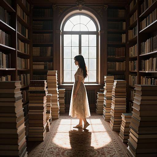 Young Woman in Library with Stacks of Books
