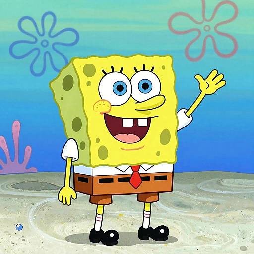 Digital cartoon of SpongeBob SquarePants, yellow, square-shaped, with blue eyes, big smile, waving, wearing white shirt, red tie,