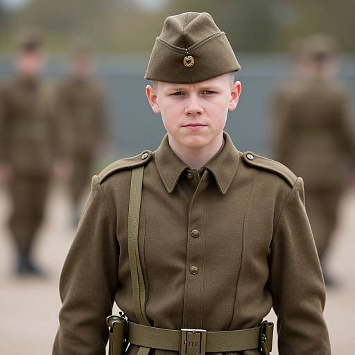 Photograph of a young, pale-skinned male soldier in a brown WWII-era military uniform, with a hat and belt, standing in front of blurred