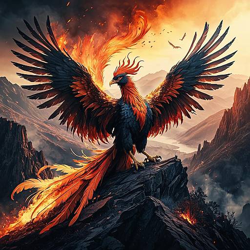 Mystical Phoenix on Fiery Mountaintop