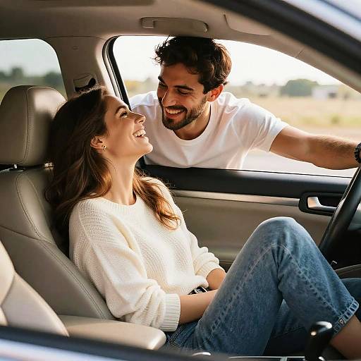 Photograph of a smiling brown-haired couple in a car; man leans in from window, woman in white sweater, blue jeans.