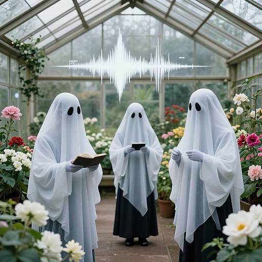 Photograph of three ghostly figures in white sheets with black eye holes, holding books, standing in a greenhouse filled with colorful flowers, with a glowing