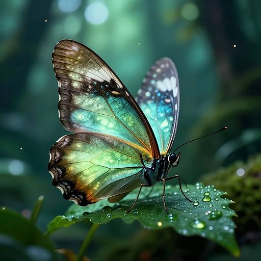 Close-up photograph of a vibrant butterfly with iridescent blue, green, and black wings, perched on a dew-covered leaf in a blurred,