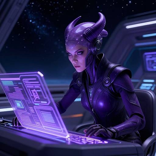 Purple Horned Alien Commanding Starship