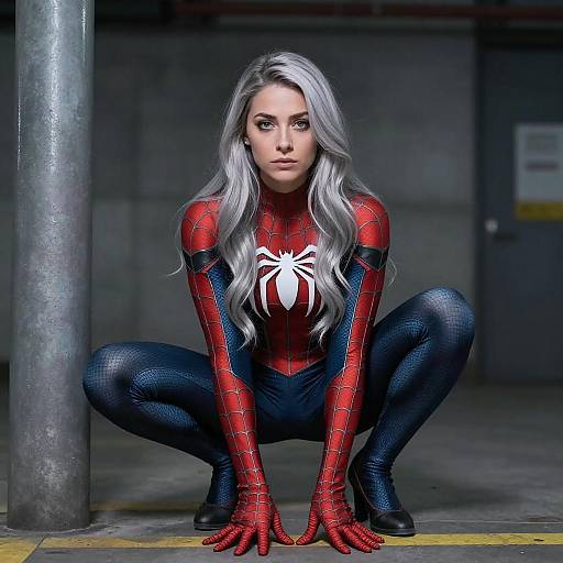 Silver-Haired Spider-Woman in Industrial Setting