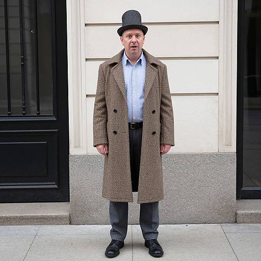 Photograph of an older man in a brown tweed overcoat, black pants, black shoes, white shirt, and black top hat, standing in