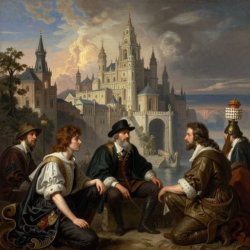 Baroque-style painting of four men in Renaissance attire, seated before a grand, castle-filled skyline with a cloudy sky and river.