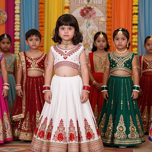 Photograph of Indian girls in traditional attire: central girl in white with red embroidery, surrounded by girls in maroon, green, and pink outfits,