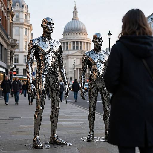 Photograph of two shiny, silver metallic human statues standing on a busy urban street with a dome-shaped building in the background. A person in a dark