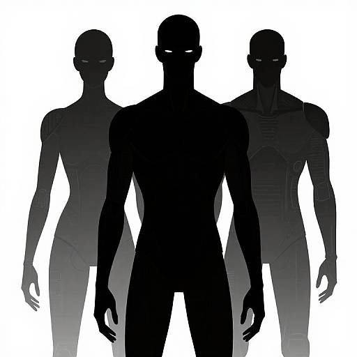 Silhouette of three muscular figures with glowing eyes, standing against a white background, in digital art style.