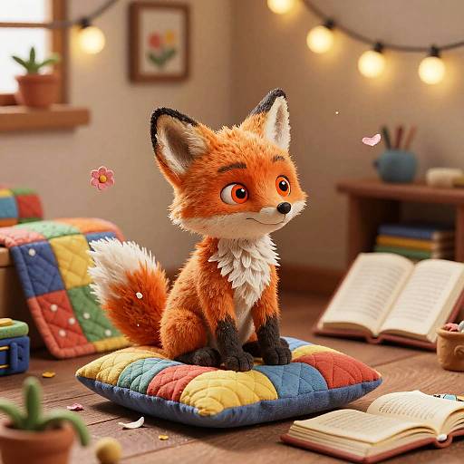 Photorealistic CGI of a cute, fluffy red fox with big eyes sitting on a colorful quilted pillow in a cozy, warmly lit room with books