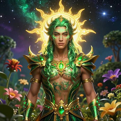 Digital artwork of a green-haired, muscular male deity with glowing golden sun crown, green and gold armor, and floral background.
