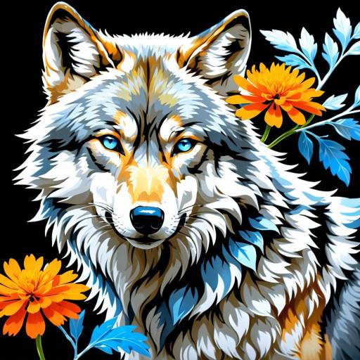 Silver Wolf with Marigold on Black Background Silver Wolf with Marigold on Black Background