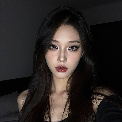Photograph of an East Asian woman with long black hair, fair skin, dark eyeliner, and red lipstick, illuminated against a dark background.