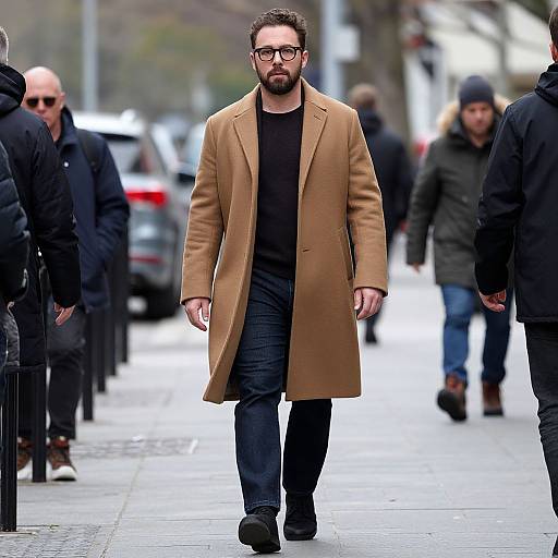 Photograph of a bearded man with curly hair, glasses, and brown coat, walking on a city street with blurred pedestrians and parked cars in the