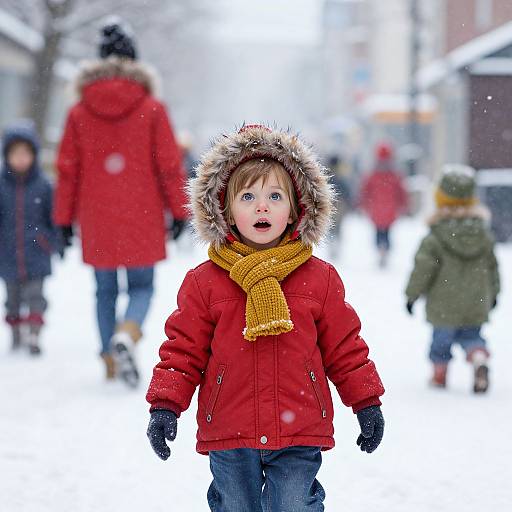 Photograph of a young boy in a red winter coat with a fur hood, yellow scarf, and black gloves, walking in a snowy urban street with