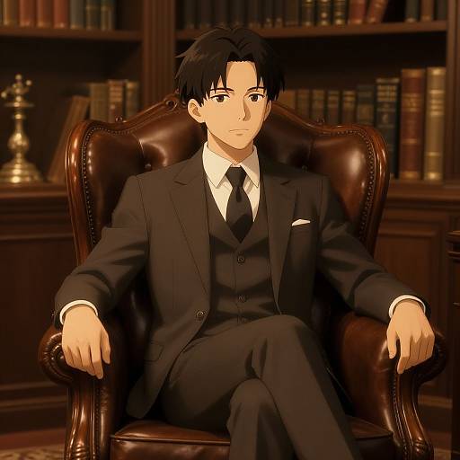 Anime-style digital drawing of a handsome man in a black suit, tie, and white shirt, sitting in a leather armchair, with a library background