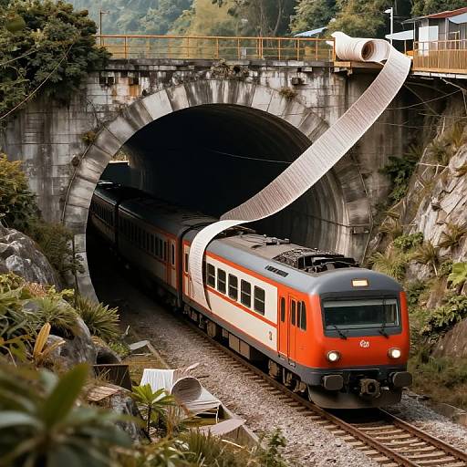 Photograph of a red and white train emerging from a concrete tunnel, with a long white roll of paper extending from its roof. Greenery surrounds the