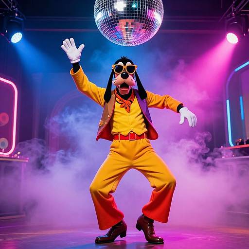 Photograph of a person in a yellow suit, white gloves, black sunglasses, and dog mask, dancing under a spinning disco ball in a smoky