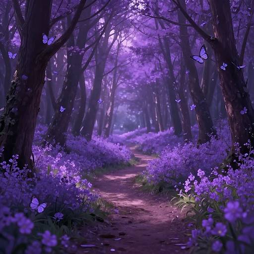 Digital fantasy artwork of a mystical forest path, illuminated by purple-blue flowers and glowing butterflies, surrounded by dark, towering trees.