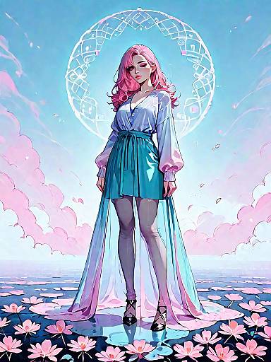 Fantasy Girl in Sheer Pastel Blue and Pink Outfit