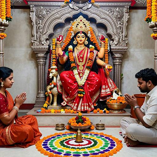 Durga Idol with Marigold and Devotees