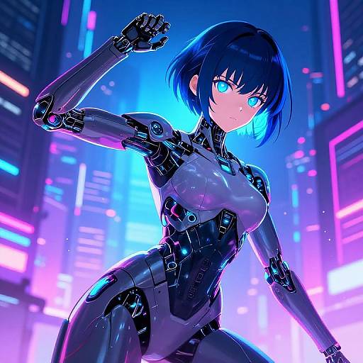 Digital anime artwork of a blue-haired, glowing-eyed, cybernetic woman in a black, form-fitting, robotic suit, posing in a vibrant