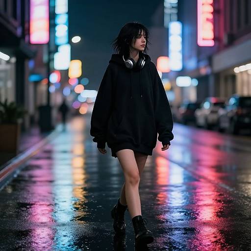 Night city photograph of a young woman with wet black hair, wearing a oversized black hoodie, black shorts, and boots, walking on a shiny, neon