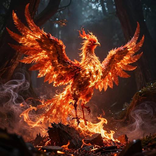 Glowing Phoenix Rising from Fiery Ashes