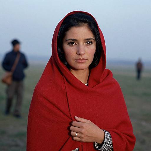 Photograph of a young South Asian woman with medium skin tone, dark hair, and brown eyes, wearing a vibrant red hooded cloak, standing in