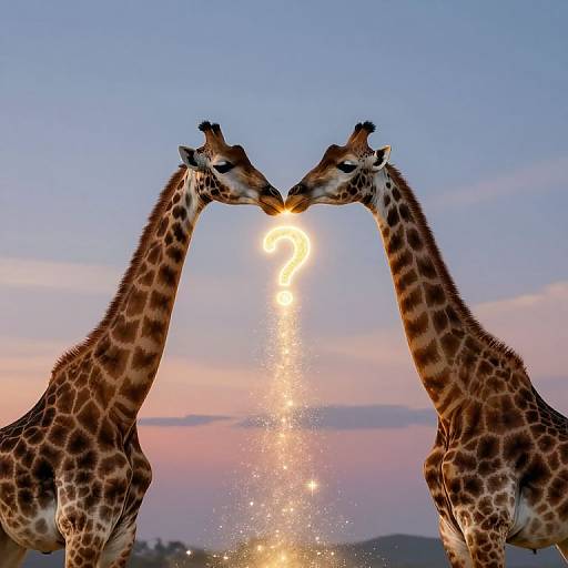 Photograph of two giraffes touching heads with a sunbeam shining between them, creating a radiant, sparkling effect against a pastel sunset sky.