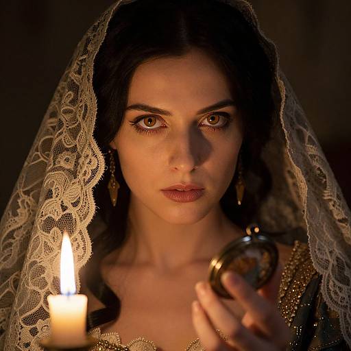 Photograph of a dark-haired woman with intense brown eyes, wearing a lace veil, holding a lit candle and a reflective orb, in a dimly