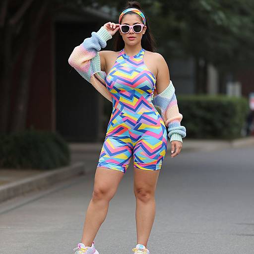 Photograph of a confident woman with long dark hair, wearing white sunglasses, a colorful zigzag halter romper, light blue crochet sleeves, and