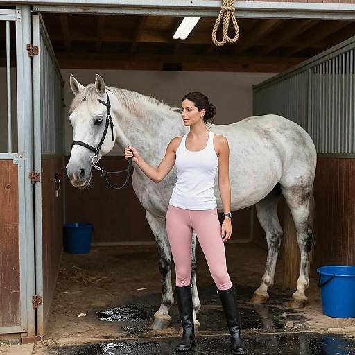 Woman in Stable with Gray Horse