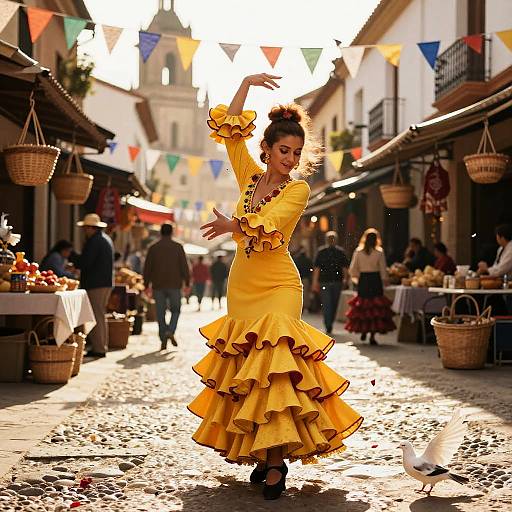 Photograph of a Latina woman in a yellow ruffled flamenco dress, dancing on a sunlit cobblestone street market, surrounded by colorful b
