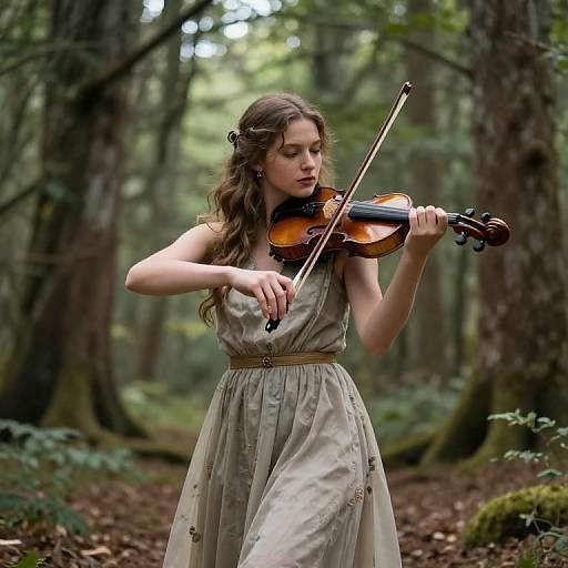 Photograph of a young woman with wavy brown hair playing a violin in a lush, forested setting, wearing a pale, floral-patterned,