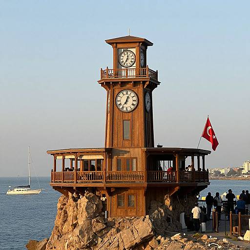Coastal Clock Tower with Turkish Flags
