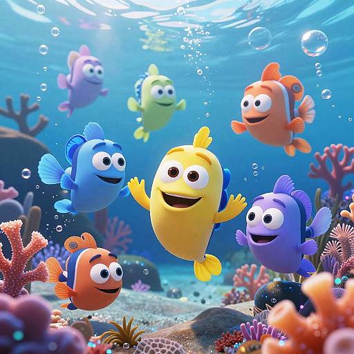 Colorful CGI underwater scene featuring six smiling, animated fish with wide eyes, swimming among vibrant coral reefs and bubbles. Bright, playful, and whimsical