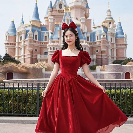 Photograph of a young Asian woman with long black hair, wearing a red dress and bow, standing in front of a Disney-style castle, smiling and