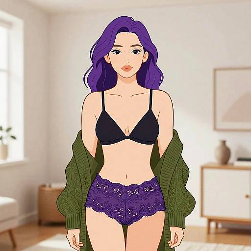 Woman in Casual Intimate Wear with Purple Hair