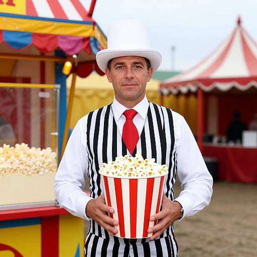 Photograph of a middle-aged man in a striped vest, white shirt, red tie, and white hat, holding a red-striped popcorn bucket at a