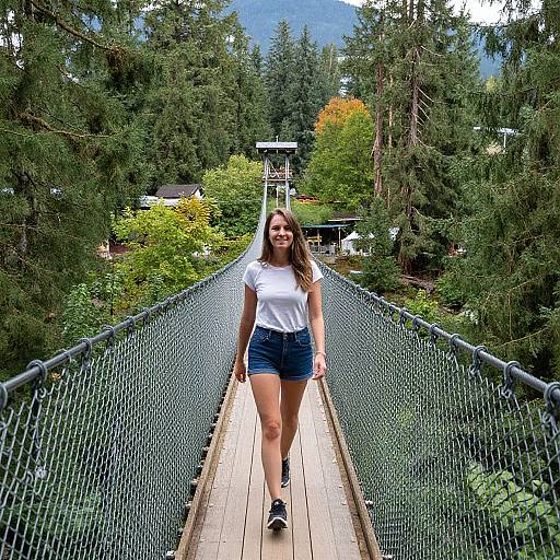 Photograph of a smiling woman with long brown hair, white t-shirt, and blue shorts walking on a narrow, suspended wooden bridge surrounded by dense green