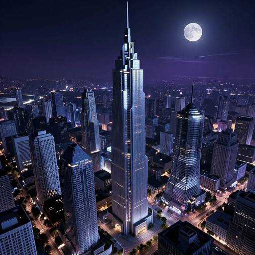 Aerial photograph of a cityscape at night, featuring a towering illuminated skyscraper under a full moon in a dark, purple-hued sky.